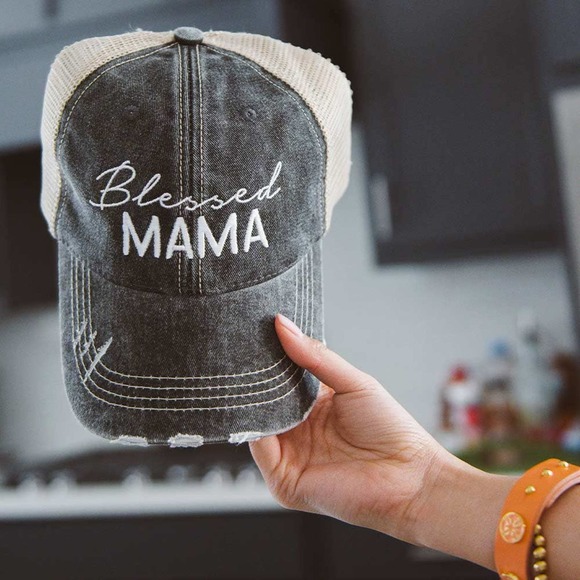 Script Blessed Mama Embroidered Black Distressed Trucker Hat - Picture 1 of 3